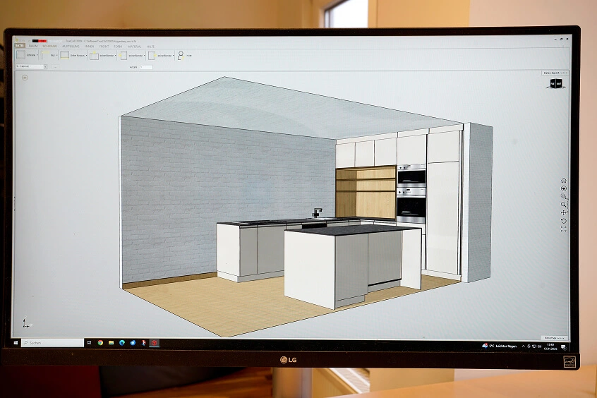 3D-Planung einer maßgefertigten Küche auf dem Bildschirm bei der Schreinerei Engelmann
